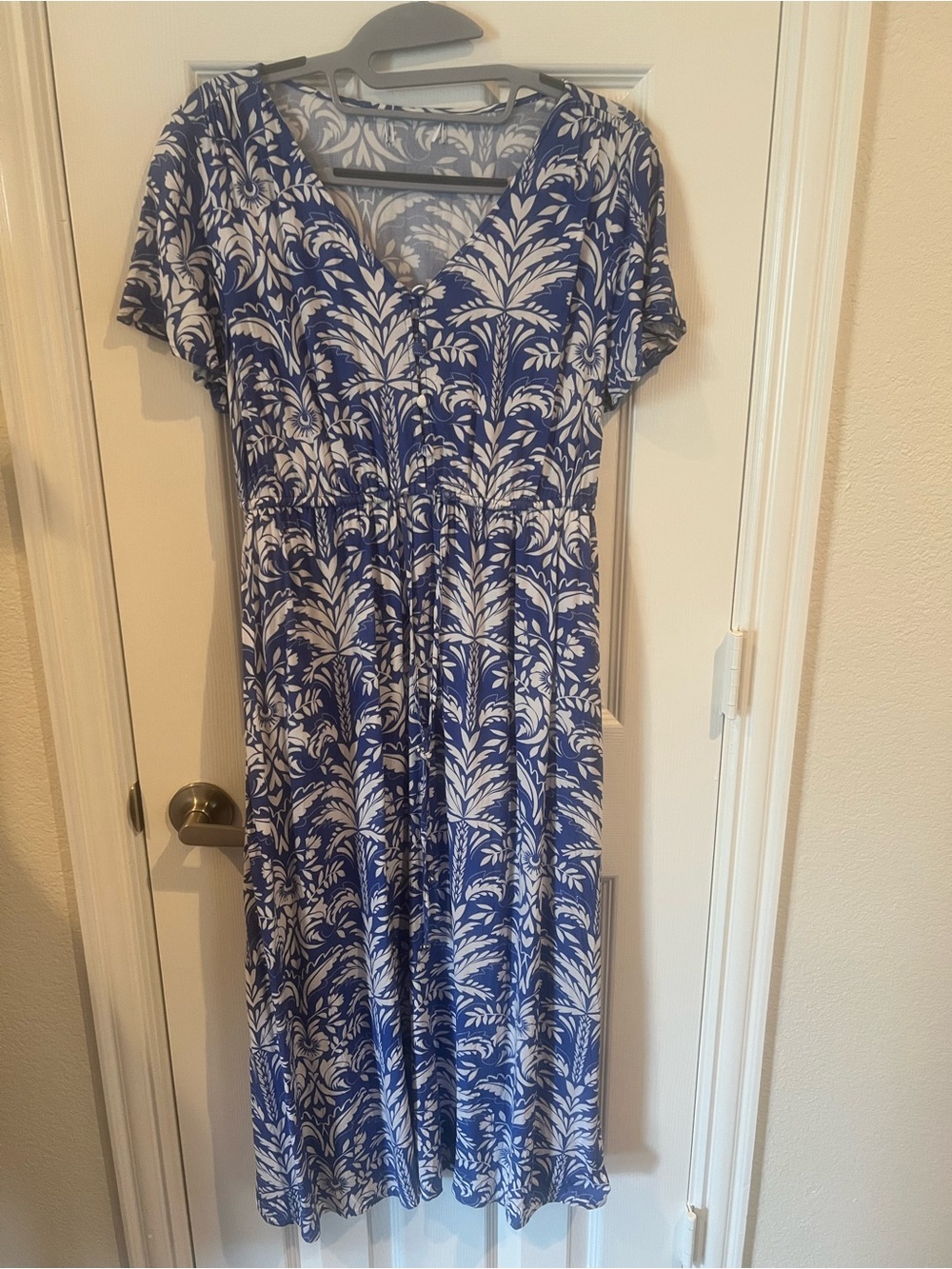 Blue and White Floral V-Neck Women's Dress